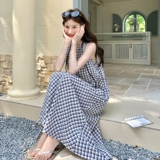 收腰不规则系带格子无袖连衣裙女夏2025新款法式设计感小众背心裙，女装连衣裙，2C159