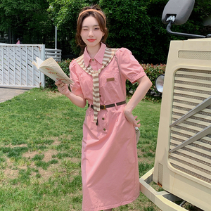 粉色设计感披肩衬衫连衣裙女2025夏季新款韩版小个子收腰显瘦长裙图片