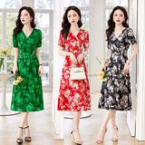 妈妈夏季2025新款女装中长款气质显瘦印花连衣裙，女装连衣裙，自然秀