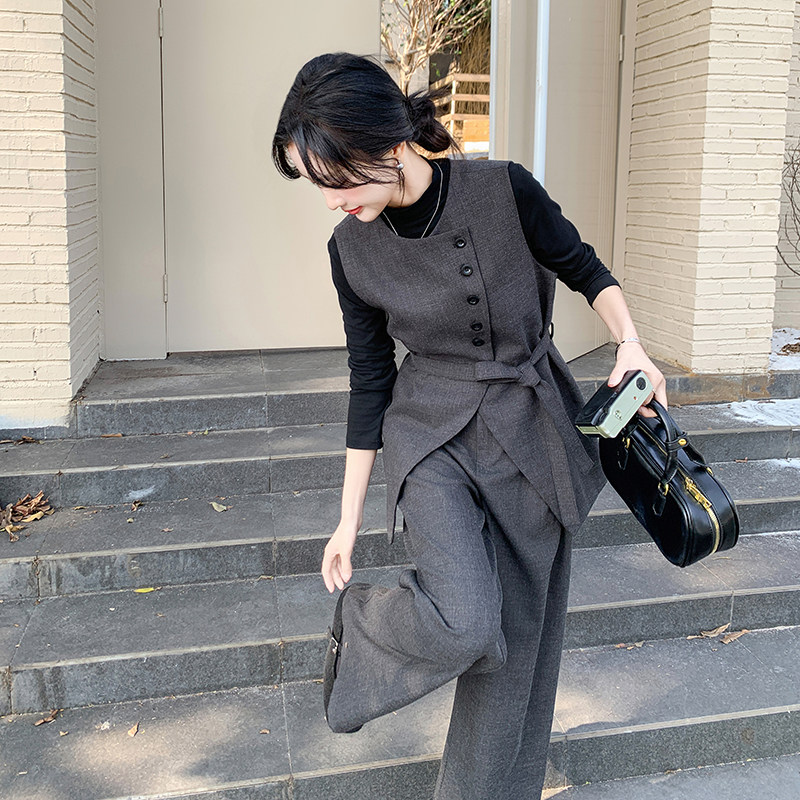 韩系灰色西装马甲三件套装裤女春秋阔腿裤时尚高级感轻熟御姐风,女装套装/套裙,2C203