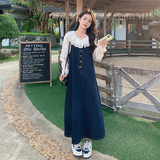 独特别致娃娃领上衣套装裙女春秋款韩系穿搭牛仔吊带连衣裙两件套，女装套装/套裙，2C166