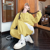 蓝色蕾丝假两件卫衣套装2025新款女秋爆款松弛感休闲阔腿裤两件套，女装套装/套裙，2D044