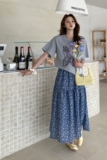 韩版学院风印花上衣半身裙套装女2025夏季新款减龄显瘦甜美两件套，女装套装/套裙，2C215