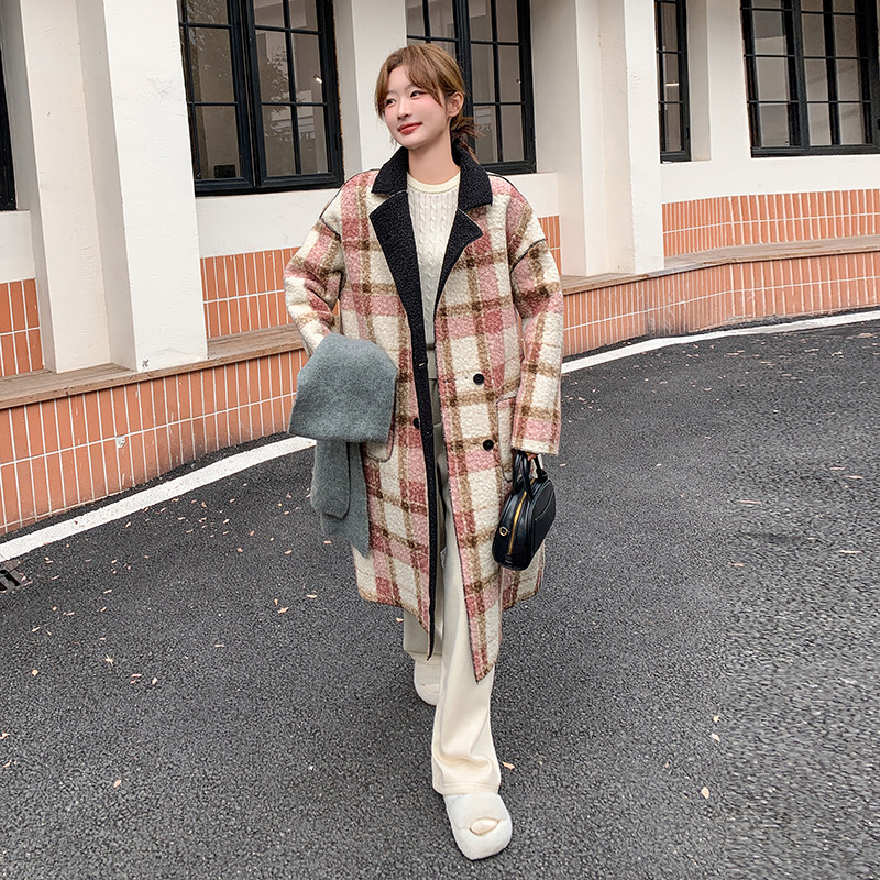 设计感小众两面穿复古格纹呢子大衣女冬超好看长款西装毛呢厚外套,女装毛呢外套,2C057