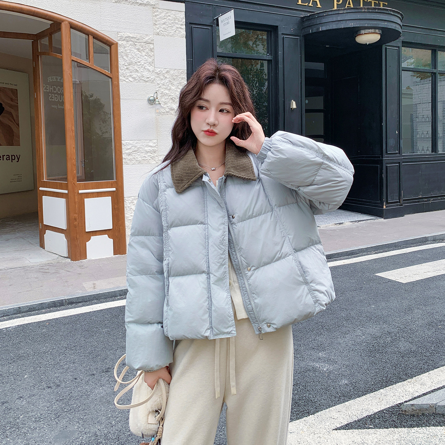 撞色灯芯绒拼接短款羽绒服女2025冬季新款小个子白鸭绒保暖外套,女装羽绒服,2D078