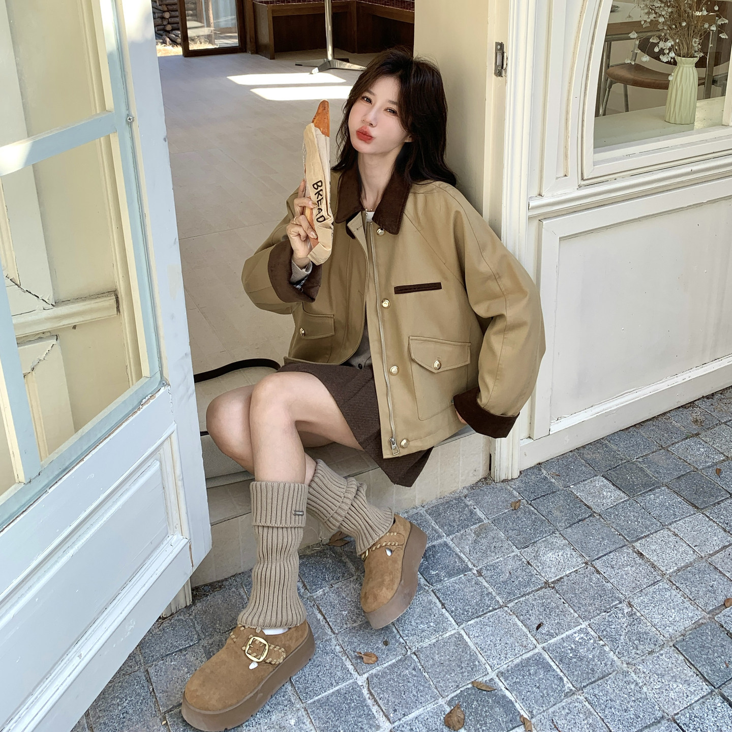 卡其色撞色拼接工装派克服女秋冬2025新款爆款流行机车棉服厚棉袄,女装派克服,2C159