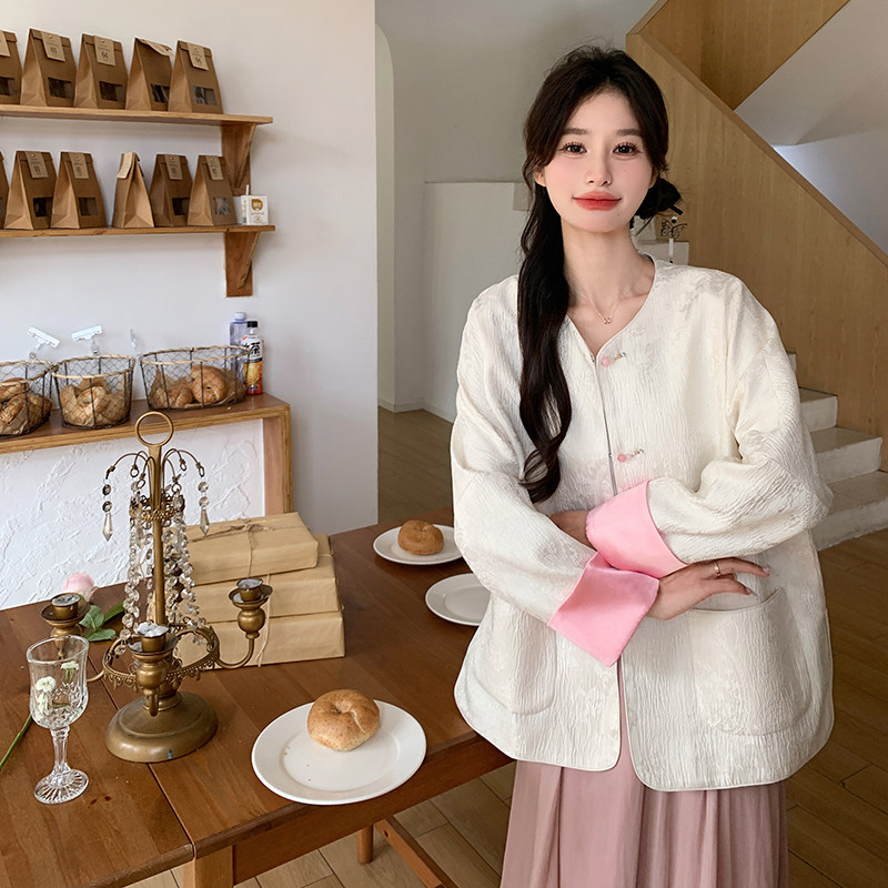 新中式印花国风外套女春季2025新款撞色减龄气质宽松百搭绝美上衣,女装短外套,2C320