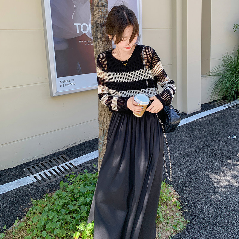 【现货】秋装一整套条纹针织衫吊带连衣裙两件套6008黑白P135K198,女装连衣裙,2C166