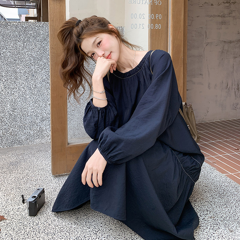 藏青色休闲连衣裙女2025春季新款今年流行爆款小个子漂亮超火长裙,女装连衣裙,2C016