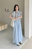 首:夏装新款复古减龄棉麻格子上衣木耳边裙裤两件套8823P155K218，女装套装/套裙，2C135