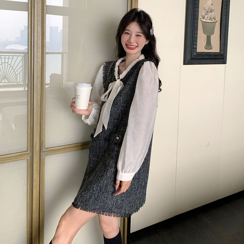 灰色背心连衣裙女长袖中长裙2025春季新款气质超好看减龄蕾丝,女装连衣裙,2C166