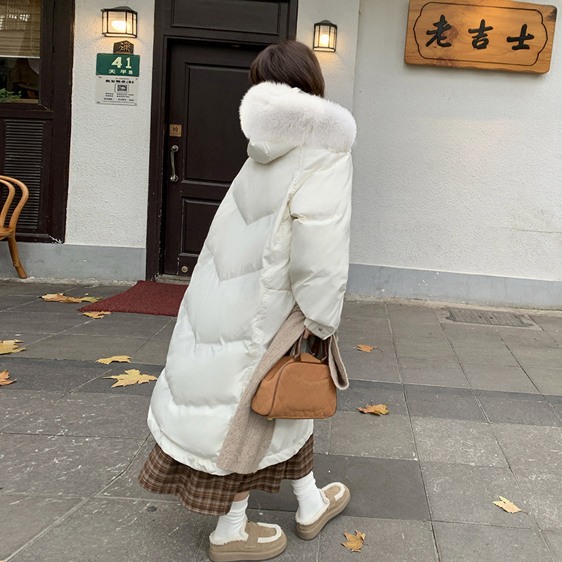 【真狐狸毛】50绒米白色羽绒服中长款2D111A-A613P385K578,女装羽绒服,2D111