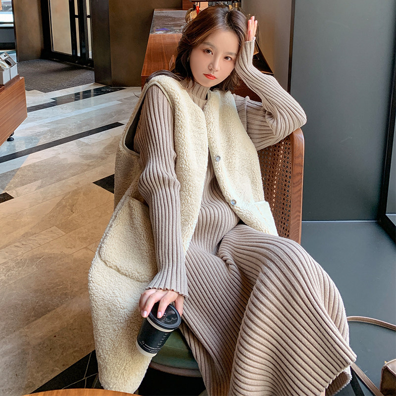 羊羔毛拼接马甲外套女中长款冬季2025新款韩版皮毛一体背心马夹潮,女装马甲,2C005