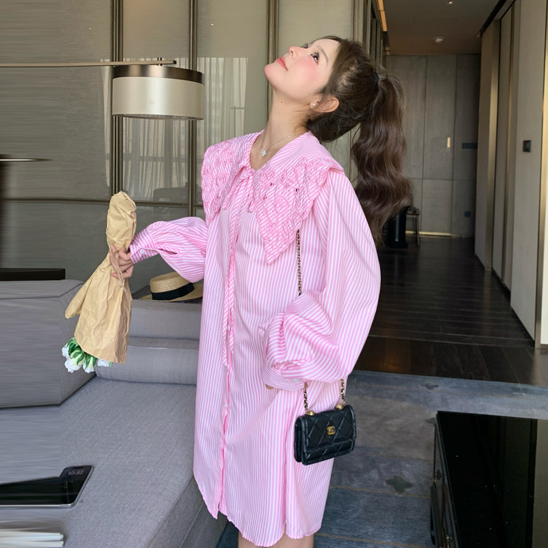 粉色娃娃领条纹连衣裙女2025春新款韩版时尚小个子洋气减龄衬衫裙,女装连衣裙,2C092
