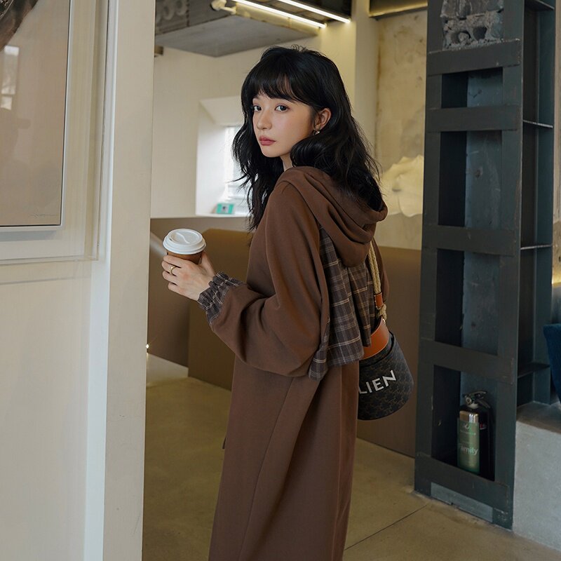 现货韩系慵懒风连帽格子拼接卫衣连衣裙2B235-830-P115-K168,女装连衣裙,2B235