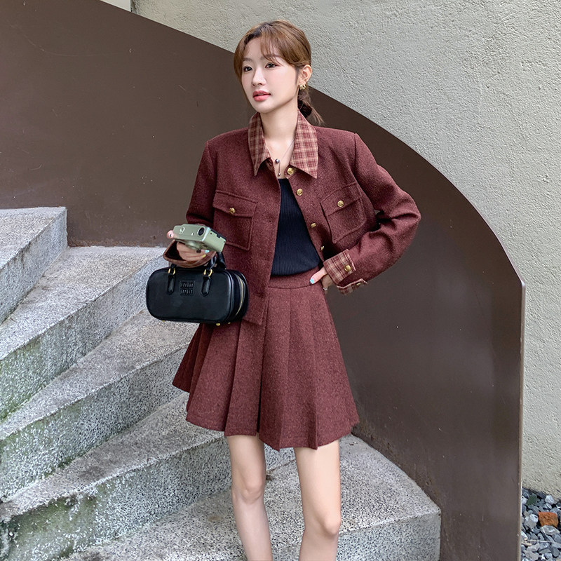 安可拉红套装裙女春秋法式超好看短外套百褶裙两件套6073P185K268,女装套装/套裙,2C166