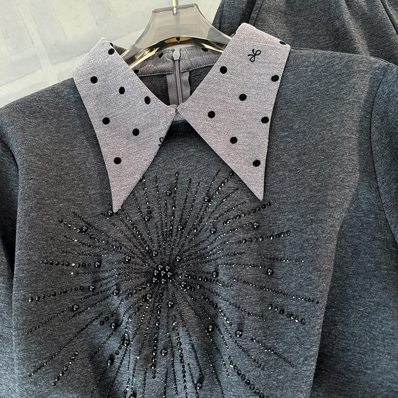 拼接衣领衣袖烫钻订珠设计感卫衣阔腿裤套装,女装套装/套裙,2C310