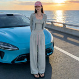 春季慵懒风休闲时尚套装韩版修身开衫上衣内搭吊带阔腿长裤三件套，女装套装/套裙，2C310