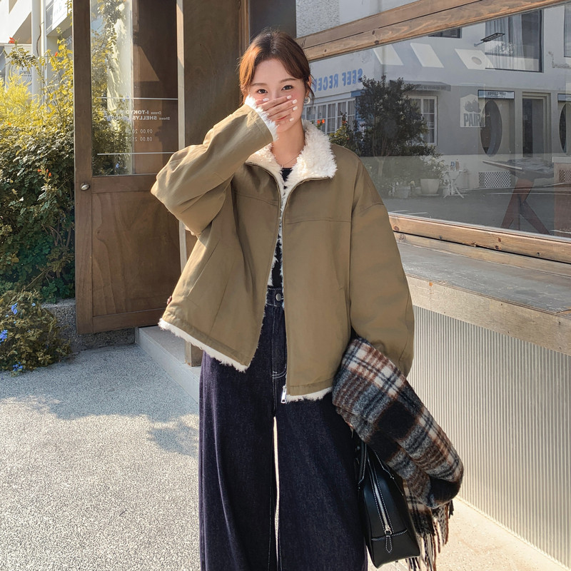 卡其色加绒加厚工装棉服女2025冬季新款韩系休闲百搭羊羔毛外套潮,女装派克服,2C159