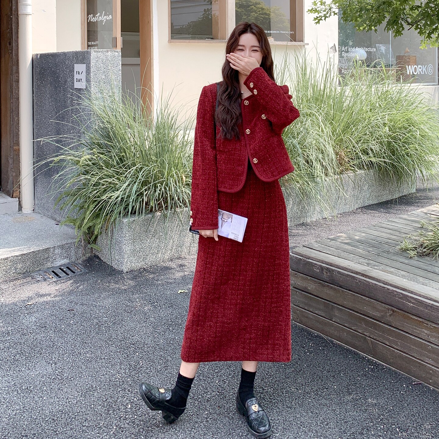 红色韩系小香风毛呢外套半身裙女秋冬2025新款一整套ootd气质穿搭,女装套装/套裙,2C206