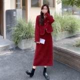 红色韩系小香风毛呢外套半身裙女秋冬2025新款一整套ootd气质穿搭，女装套装/套裙，2C206
