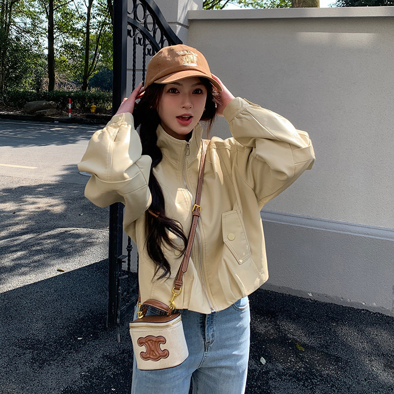 蓝色短款皮衣外套女2025春季新款韩系超火减龄小个子机车夹克上衣,女装短外套,2C022