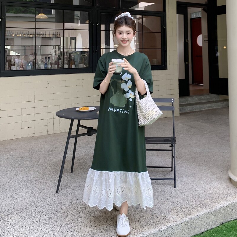 洋气减龄拼接短袖连衣裙女2025夏季新款韩版宽松甜美中长款T恤裙,女装连衣裙,2C113