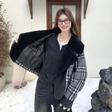 现货黑色格纹拼皮毛一体小香风羽绒服外套5823-P235-K358，女装羽绒服，2C159