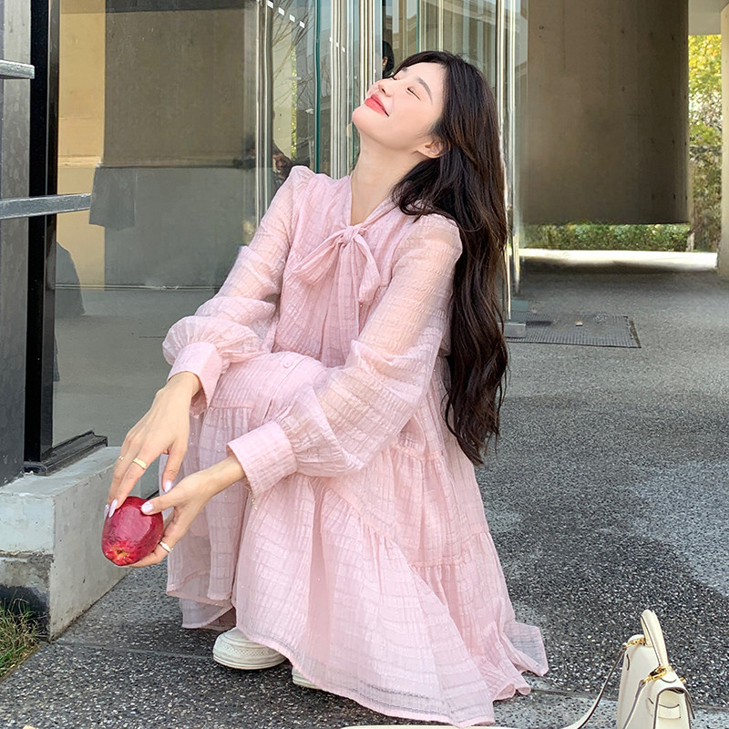 套头中长裙长袖蝴蝶结飘带连衣裙甜美中长款宽松洋气时尚长裙显瘦,女装连衣裙,2C113