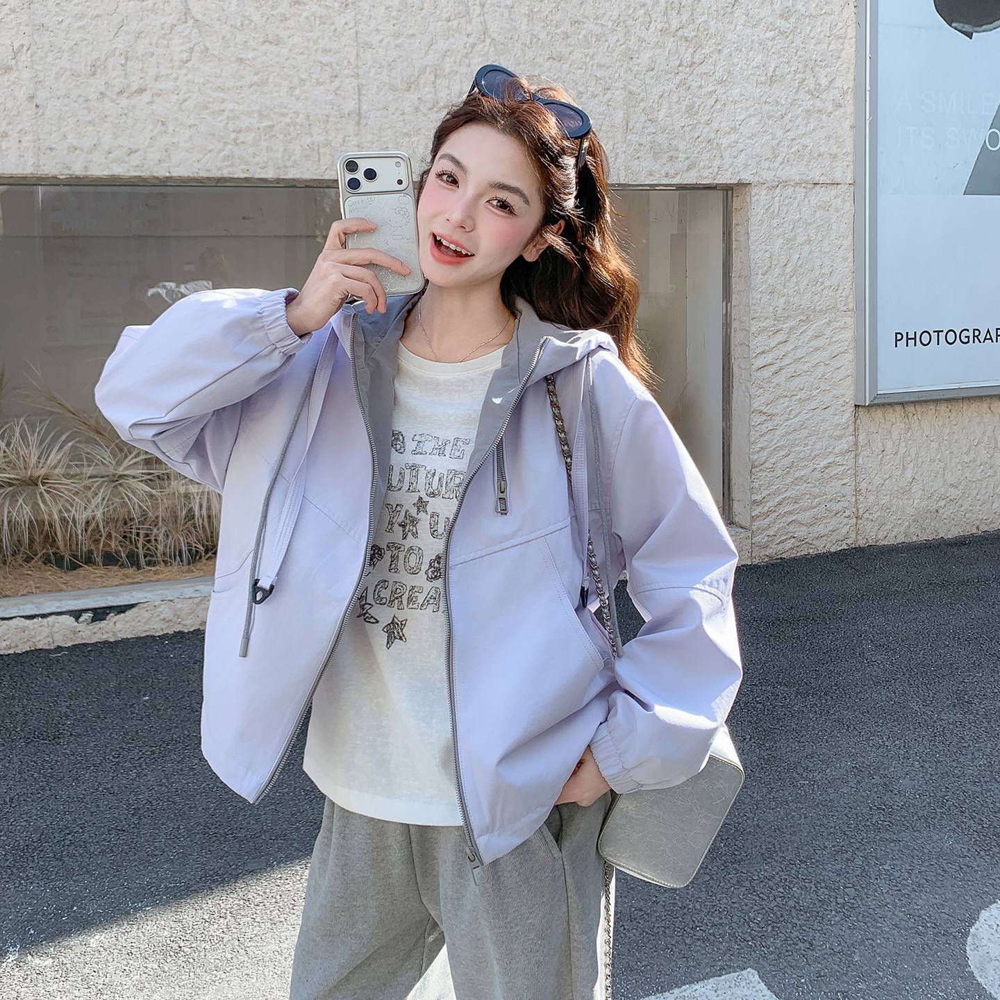 现货！现货！韩系休闲连帽短款外套女2026春秋新款小个子夹克上衣图片