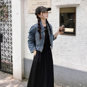 港风复古牛仔短外套背心裙女春秋2025新款韩系设计感气质两件套图片