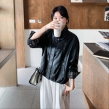 高级感格纹拼接黑色皮衣外套女春秋2025新款爆款巨好看PU夹克气质，女装皮衣，2C271