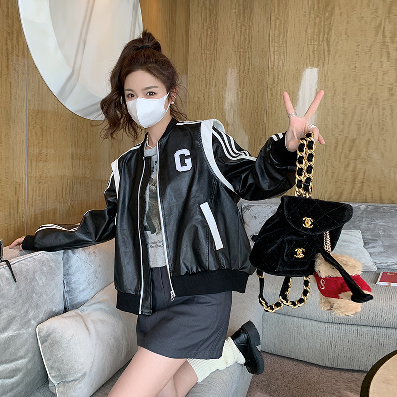 美式复古黑色棒球服皮衣外套女2023春秋新款小个子炸街百搭短上衣,女装皮衣,2C052