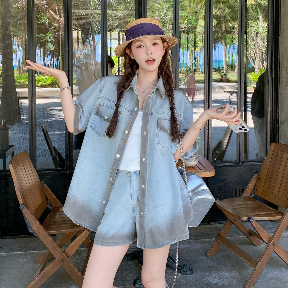 韩系休闲牛仔套装女夏季新款复古学院风穿搭短袖衬衫短裤两件套,女装套装/套裙,2C159