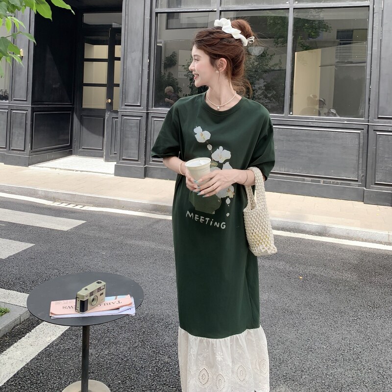 洋气减龄拼接短袖连衣裙女2025夏季新款韩版宽松甜美中长款T恤裙,女装连衣裙,2C113