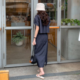港风复古短袖衬衫套装夏季女2025新款小个子显瘦开叉半身裙两件套，女装套装/套裙，2C009