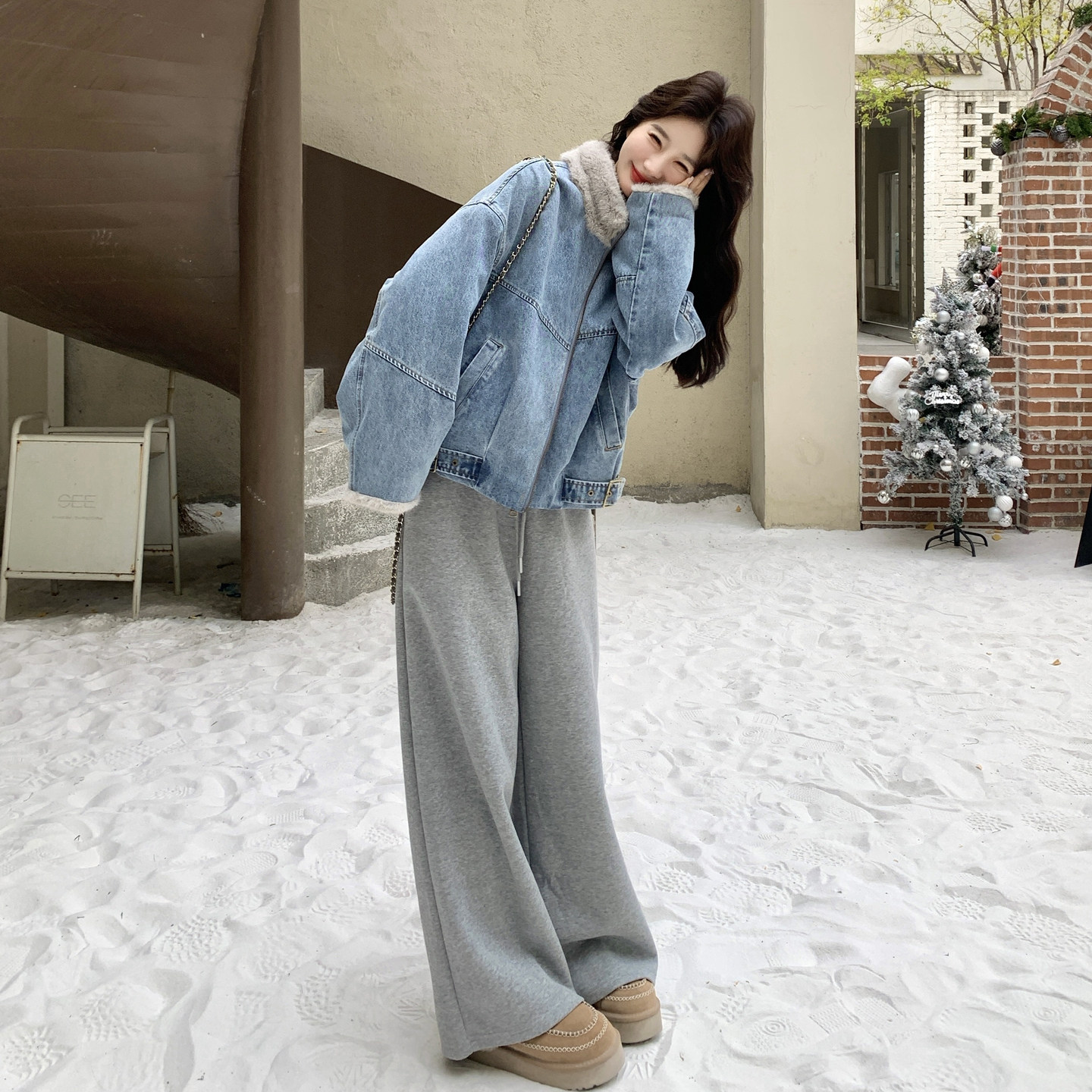 美式复古毛绒拼接牛仔外套女冬季短款加厚保暖小个子棉服内胆夹克,女装棉衣/棉服,2C166