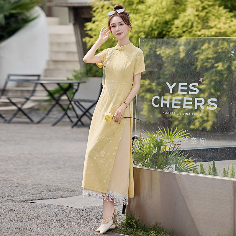 现货2025夏装新款新中式旗袍连衣裙时尚百搭修身显瘦中长款裙子,女装连衣裙,唯婧