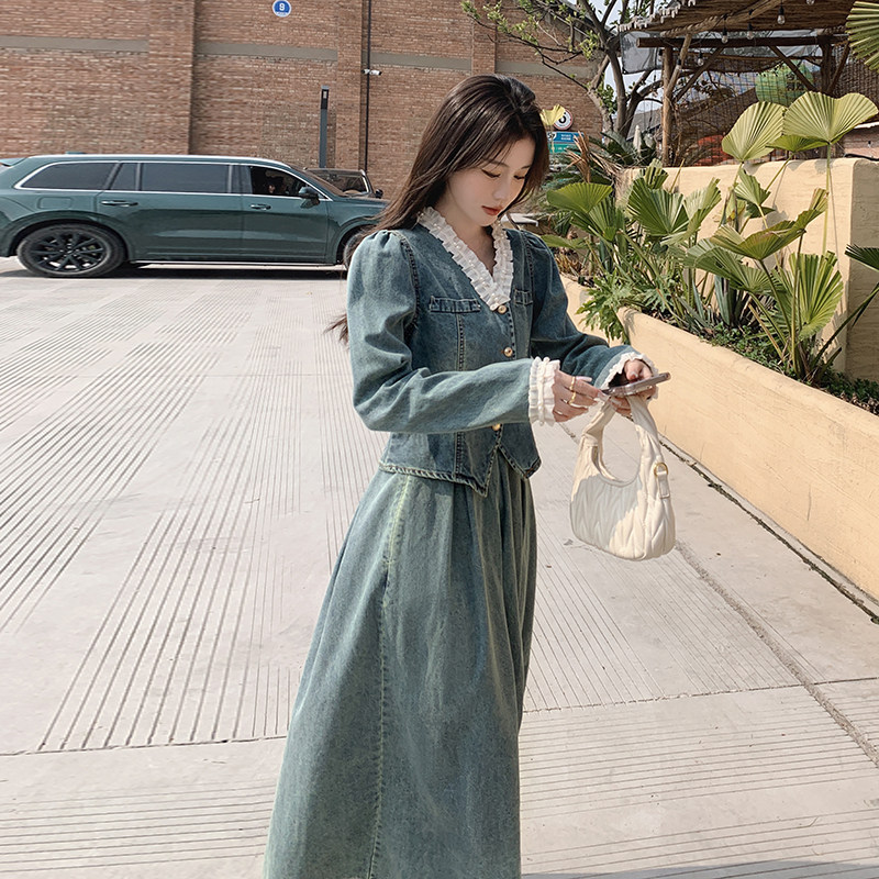 [现货]新品减龄珍珠花边领牛仔半裙套装F513-P145-K228,女装套装/套裙,2C255