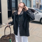 美式复古娃娃领皮衣外套女秋季2025新款黑色甜酷风简约皮夹克上衣，女装皮衣，2C217
