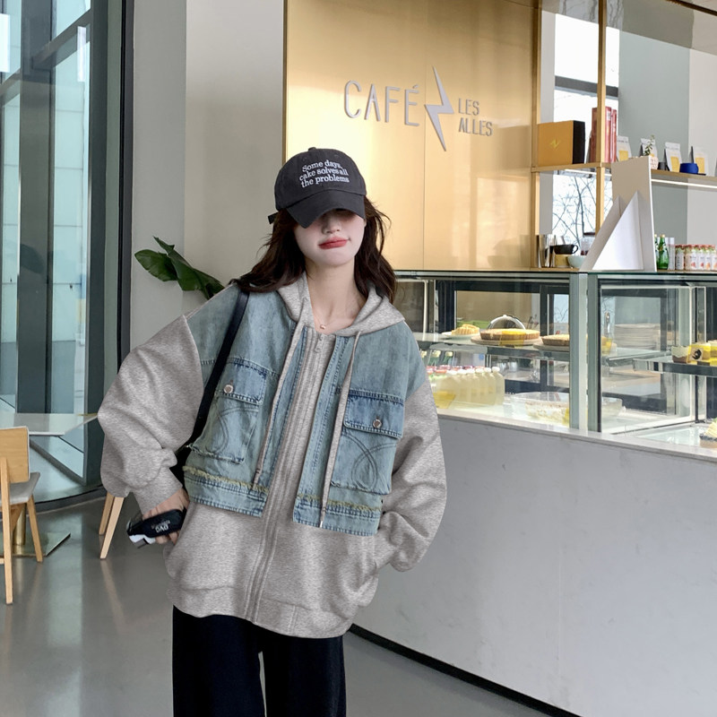 独特超火好看牛仔拼接卫衣外套女开春2025韩系慵懒小众宽松bf上衣,女装风衣,2C266