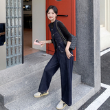 深蓝色淡人水洗牛仔马甲套装2025新款秋季盐韩系高腰阔腿裤三件套，女装套装/套裙，2D013