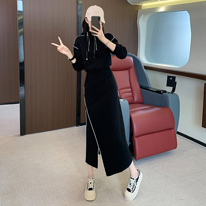 女秋季欧货时尚设计感高腰卫衣开叉半身裙套装,女装套装/套裙,2C310