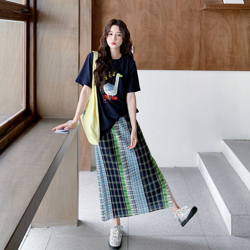 趣味印花T恤复古格子半身裙套装女2025年夏季新款简约显瘦两件套,女装连衣裙,2D008