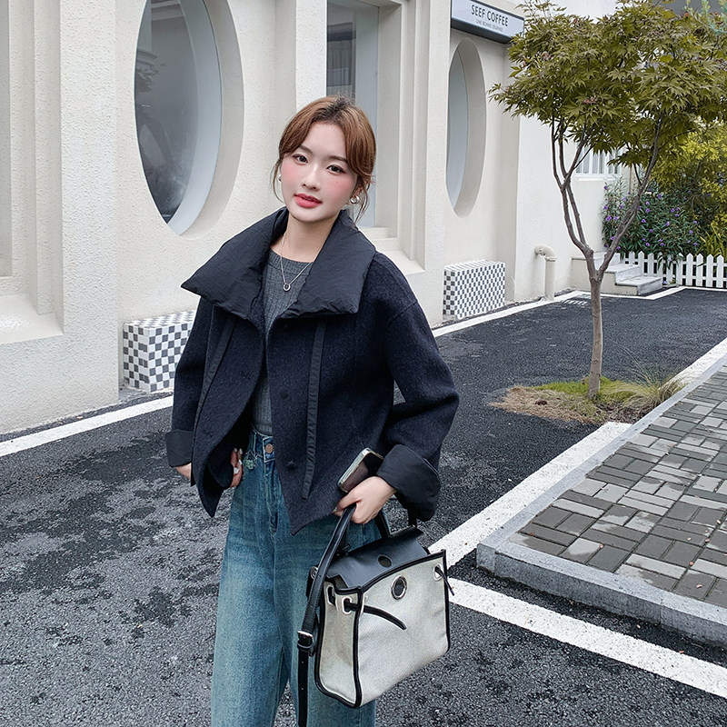 现货70毛日系飘带撞色短款双面呢外套,女装毛呢外套,1D066-1