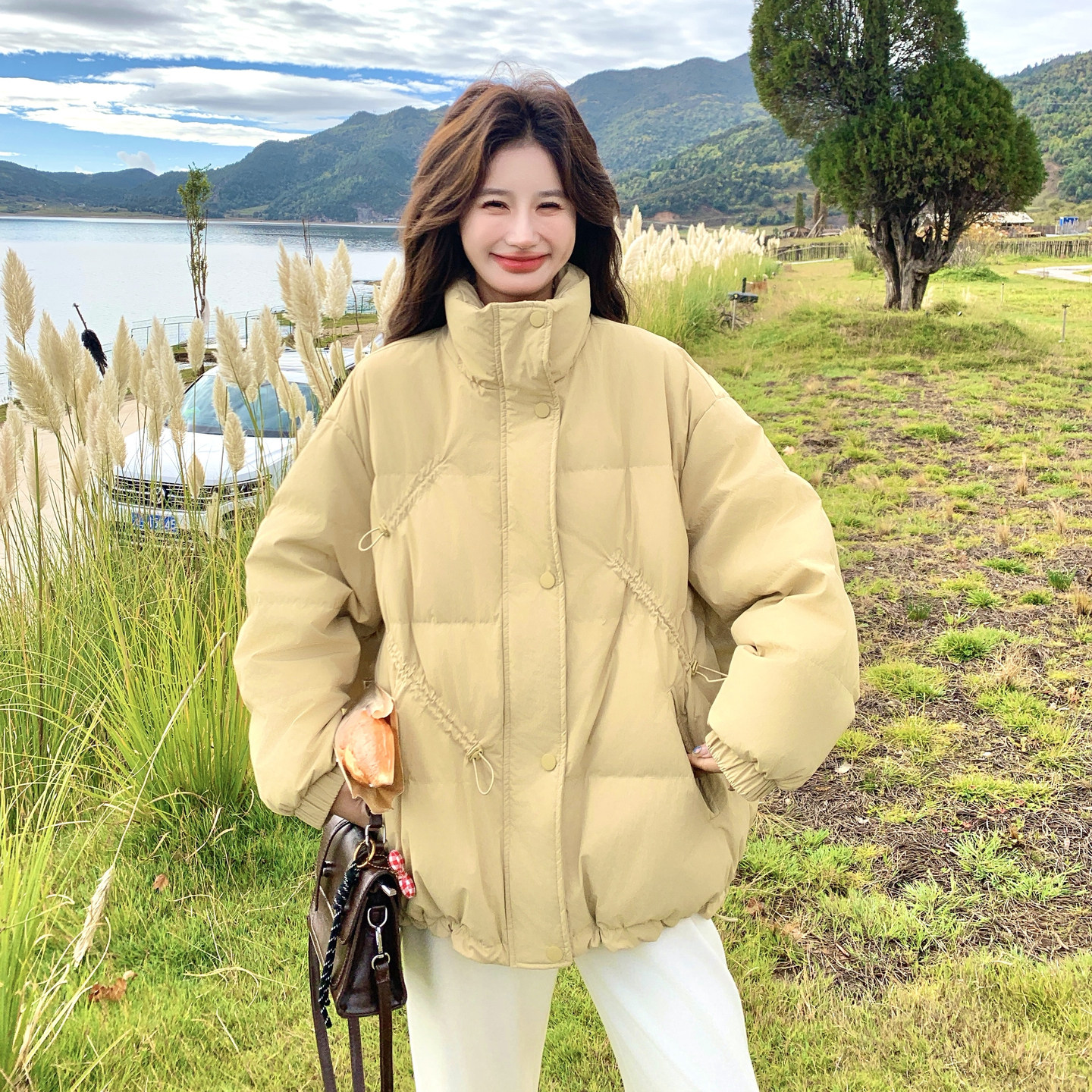 韩系学院风黄色立领羽绒服女冬季小个子白鸭绒宽松加厚外套面包服,女装羽绒服,2C166