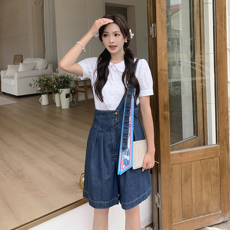 港风复古蓝色牛仔背带裤女2025夏新款设计感小众休闲显瘦连体短裤,女装牛仔裤,2C112