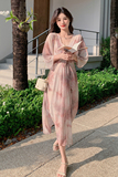 度假风仙女粉连衣裙女春秋2025新款超火好看氛围感独特漂亮长裙子，女装连衣裙，2C088