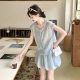 俏皮减龄套装裙女小个子2025夏季新款木耳边马甲花苞半身裙两件套，女装套装/套裙，2C159