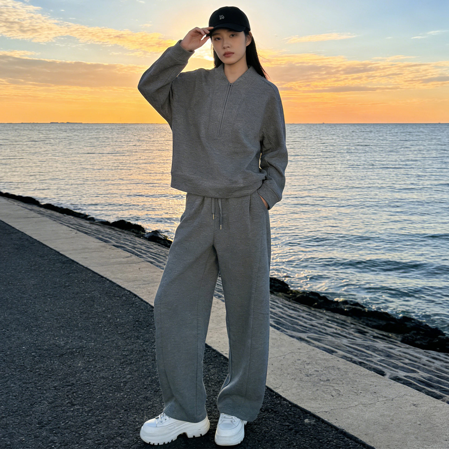 时尚休闲套装女春季新款宽松洋气减龄纯色圆领卫衣阔腿长裤两件套,女装套装/套裙,2C310